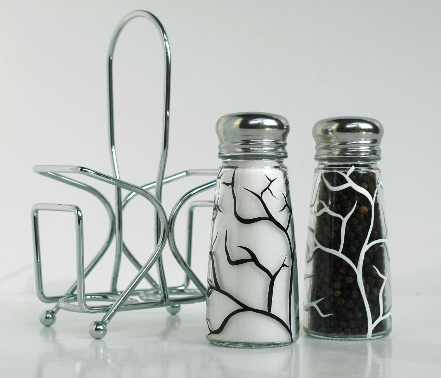White and Black Tree Branch Salt and Pepper Shakers--Hand Painted 3-Piece Collection