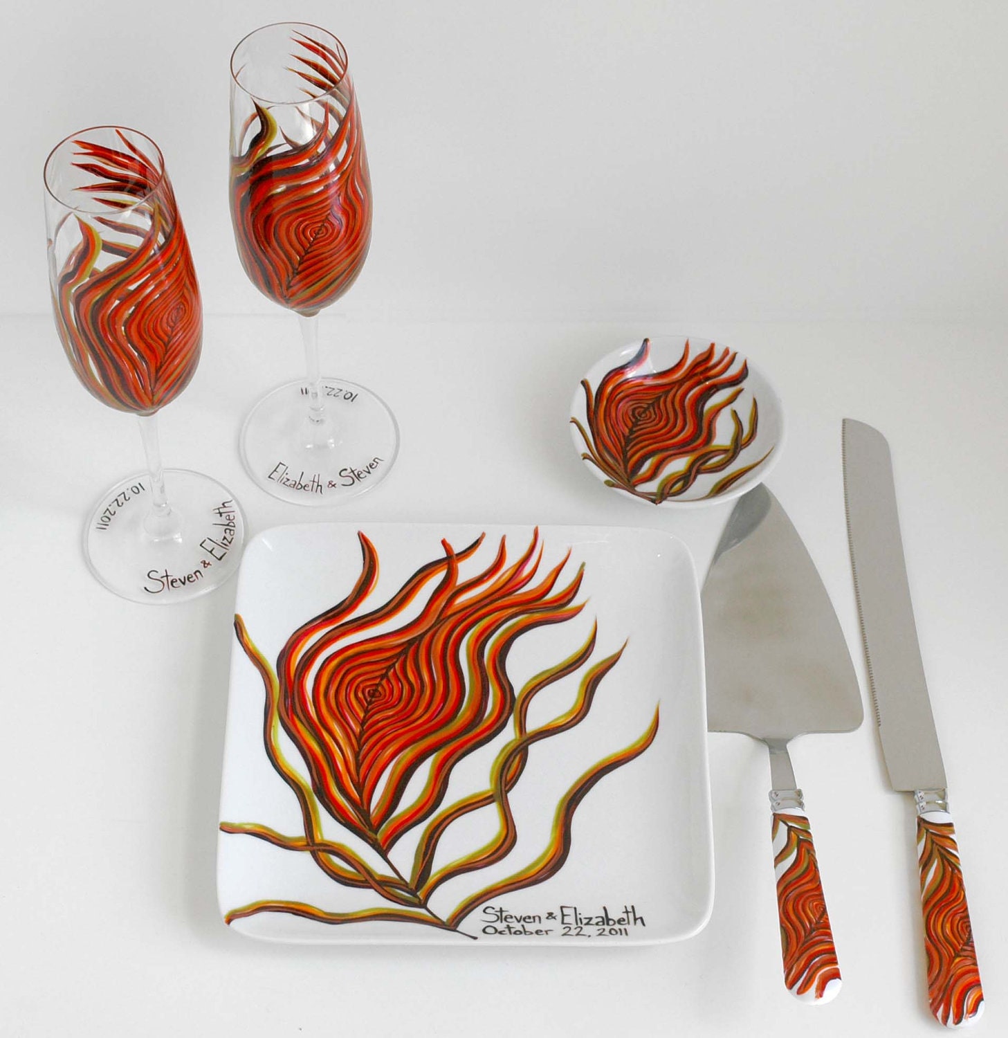 Autumn Peacock Feather Wedding 6-Piece Fall Serving Collection--Peacock Toasting Flutes, Ring Dish, Cake Plate, Cake Serving Set
