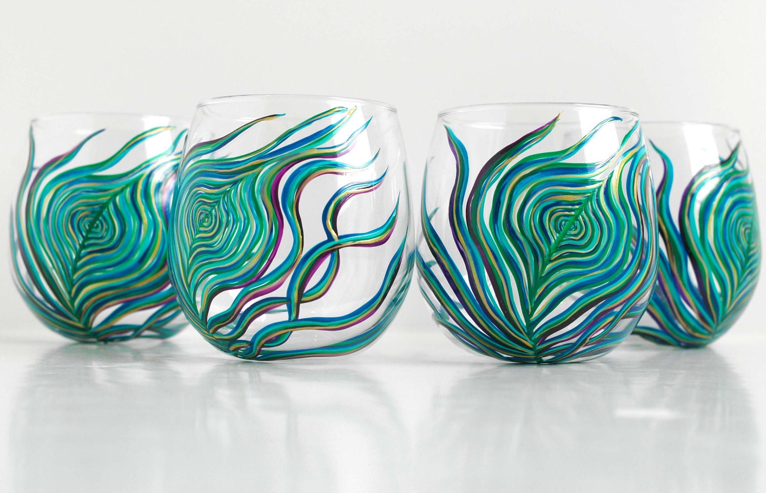 Peacock Stemless Wine Glasses--Set of 4 Hand-Painted Glasses