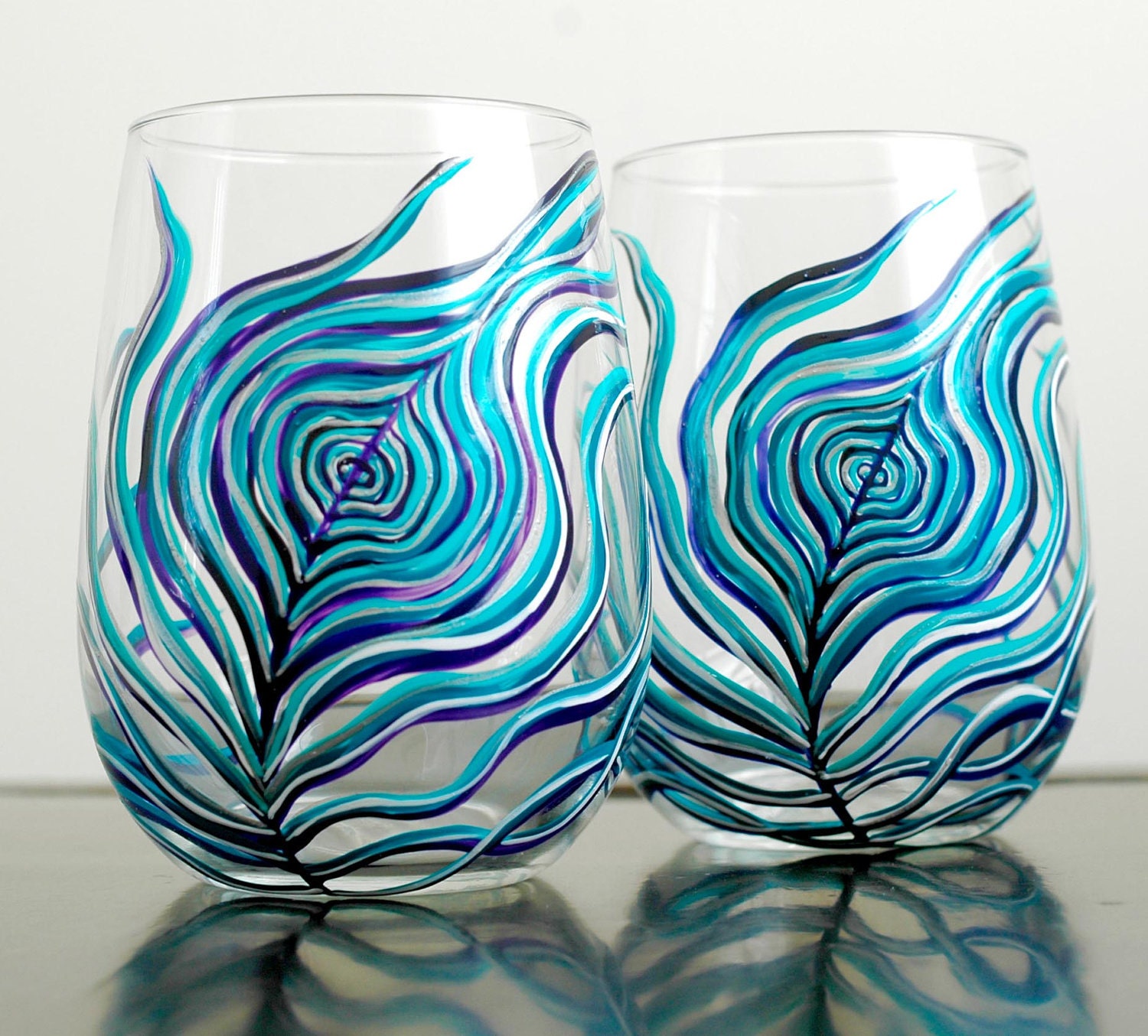Peahen Peacock Feather Stemless Wine Glasses--Set of 2