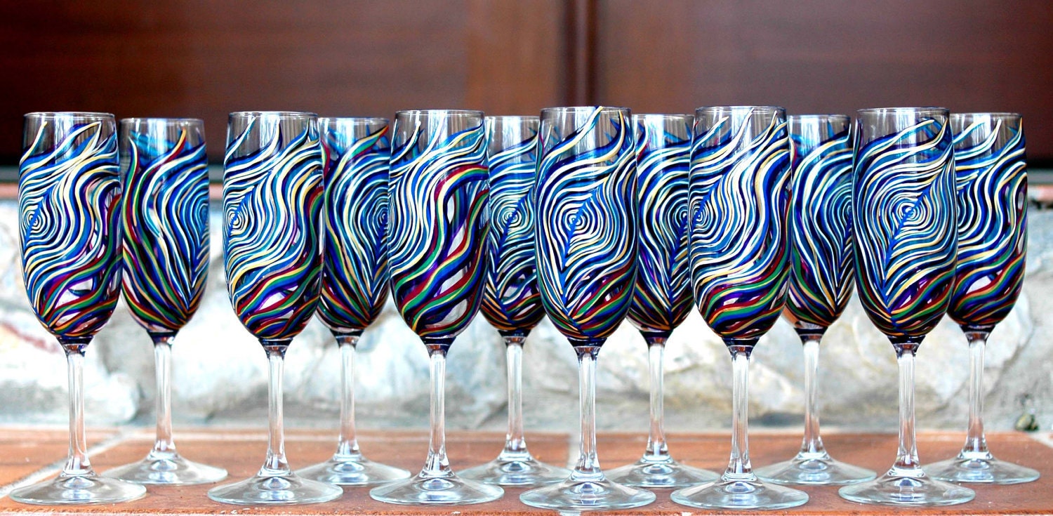Peacock Feather Wine Glasses -- 12 Piece Customized Bridal Collection -- Personalized Hand Painted Peacock Feather Wedding Collection
