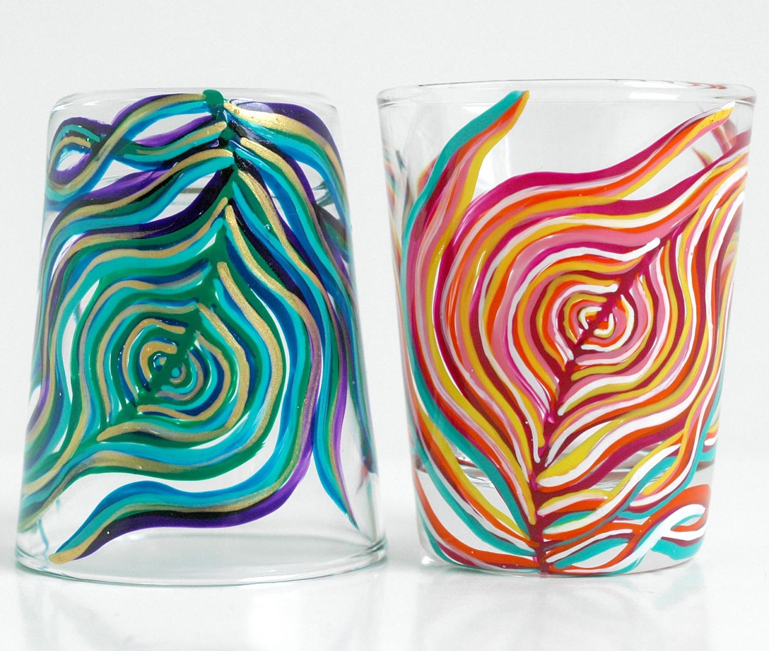 Yin and Yang Peacock Feather Shot Glasses-Set of 2 Hand Painted Shot Glasses