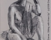 GENEE SITTING with Knee Up-- 12x18 inch draped nude Charcoal and chalk figure drawing on grey paper, unframed, by Diana Moses Botkin