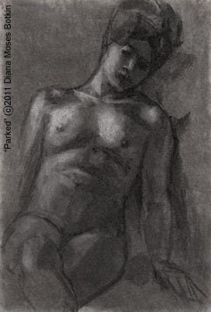 Nude Female Life Study-- 12x18 inch Charcoal and chalk drawing on grey paper, unframed, by Diana Moses Botkin