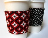 Reusable Reversible coffee sleeve - Red and black stars with dots