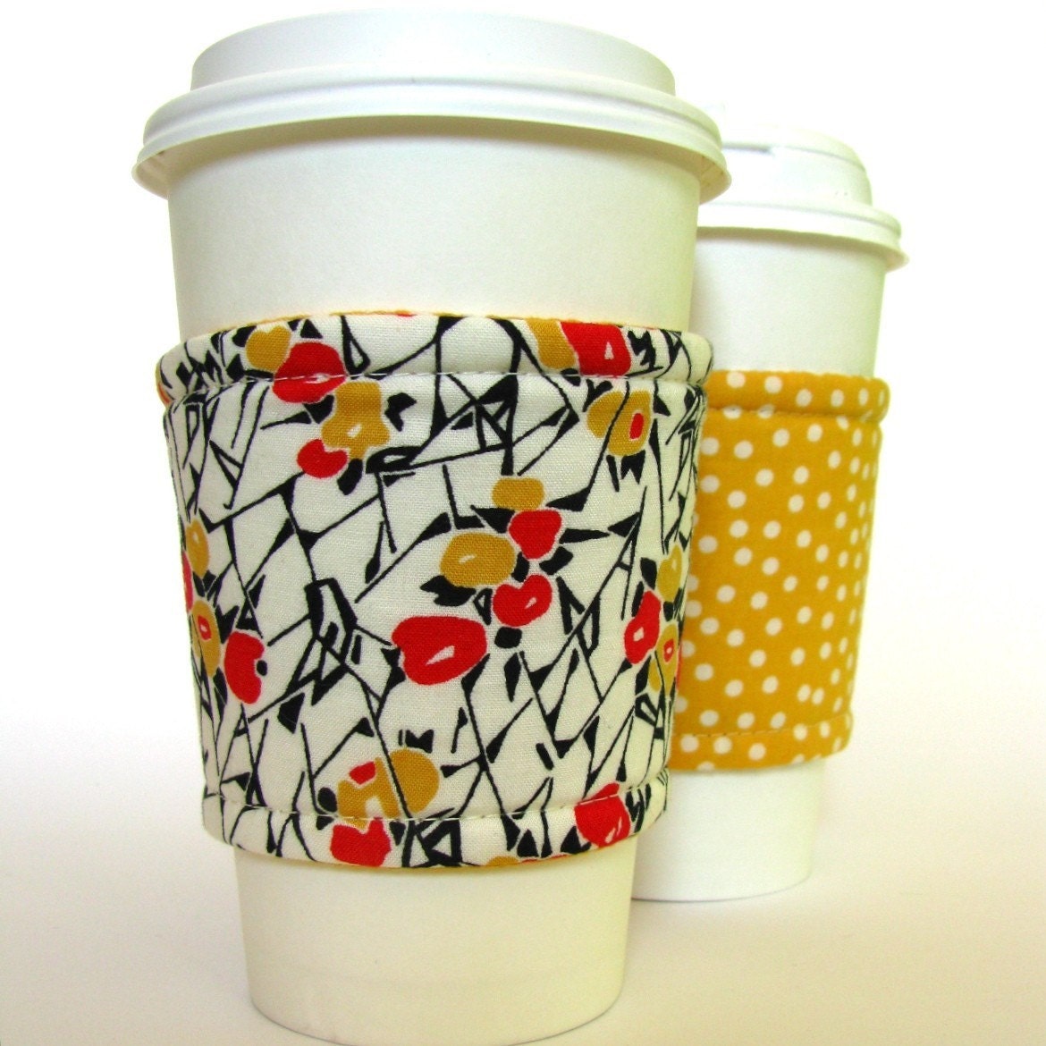 Reusable Reversible Coffee Sleeve - Straw Flowers in black, yellow, and red  - with yellow polka dots