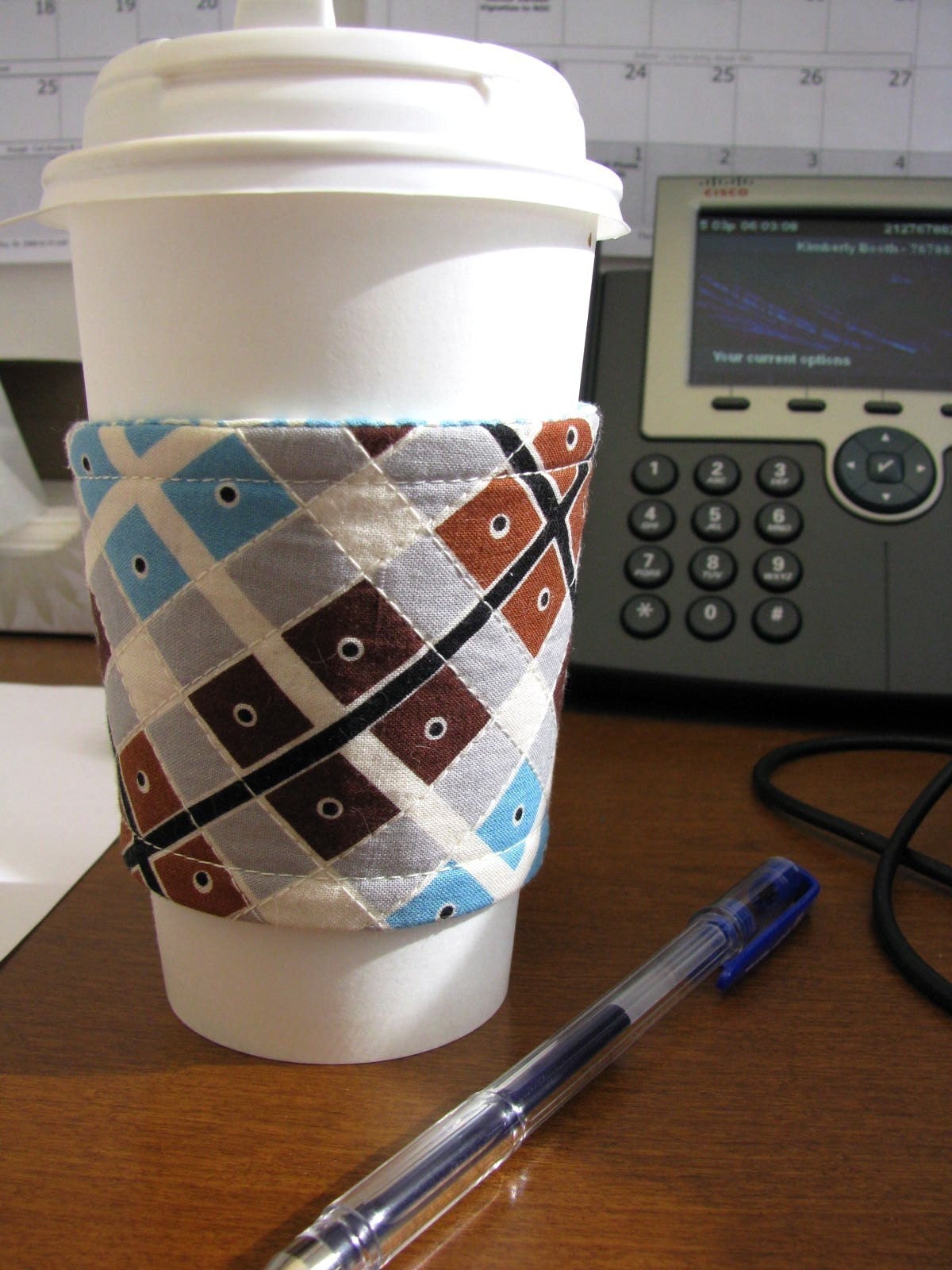 SALE Reusable reversible coffee sleeve - Quilted Teal and Brown Argyle with basket weave