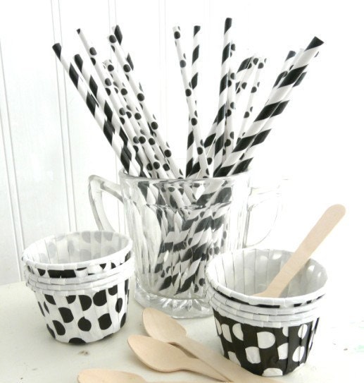 Black and White stripe, polka dot Party Mix vintage style paper straw and baking/ice cream/cupcake/favor cups