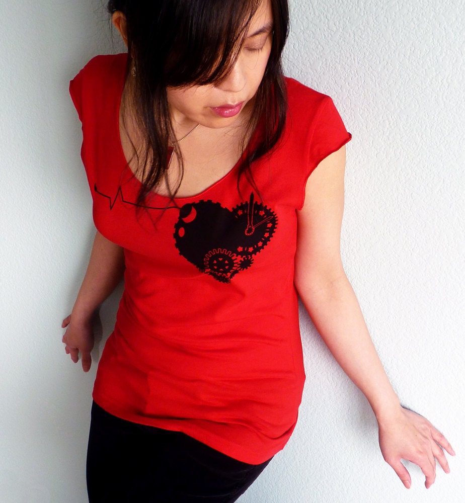 Clockwork Heart Womens Tshirt - Red Heart Scoop Neck Top - Tender Time Bomb Tee Shirt
