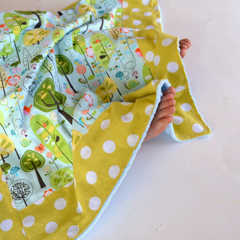 Baby Blanket with Minky for Baby Boy Baby Girl Happier Blue with Yellow Polka Dots
