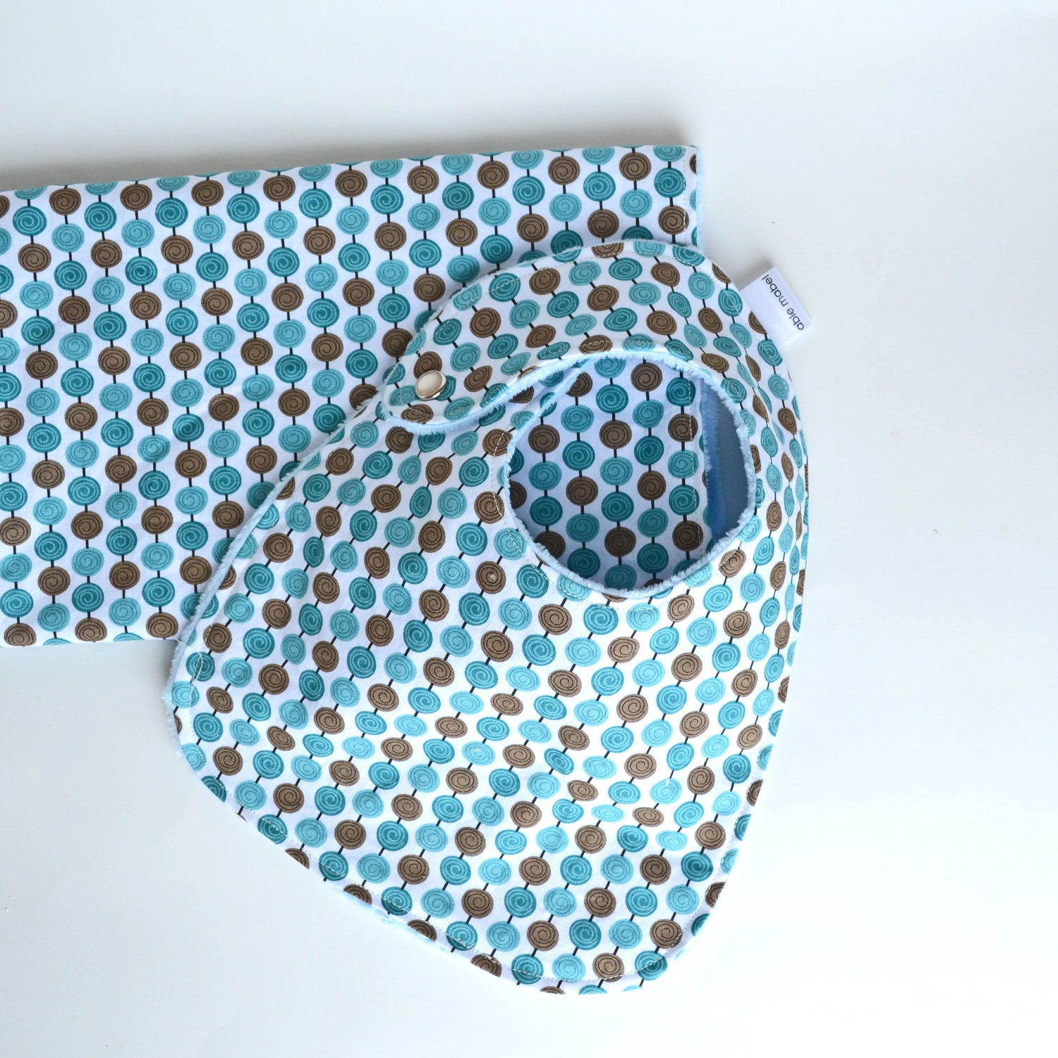 Bib and Burp Cloth Set Baby Boy Alphabet Soup Blue and Brown