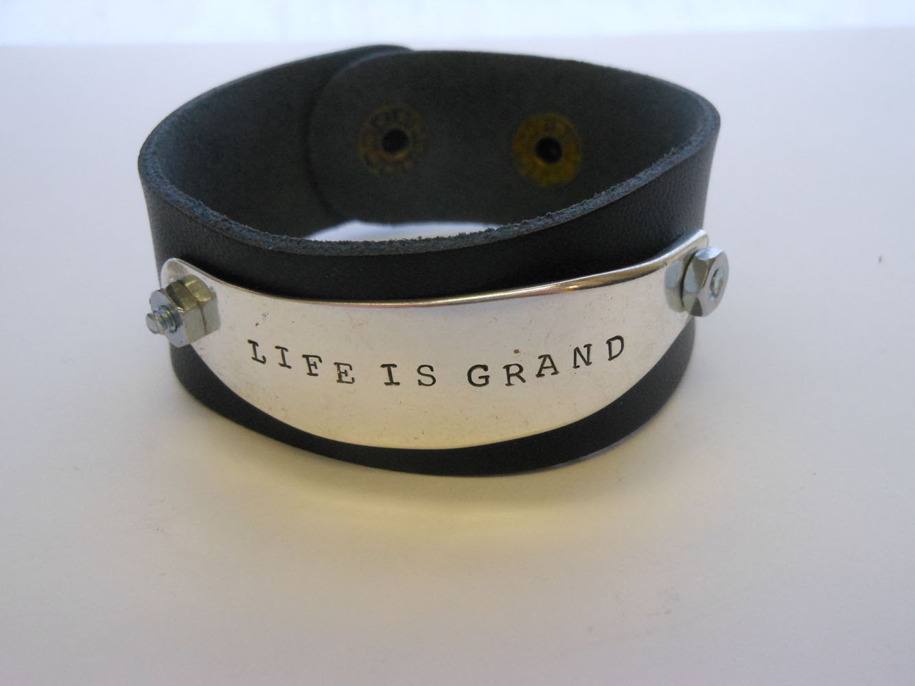 Life is Grand Stamped Knife Blade Leather Cuff