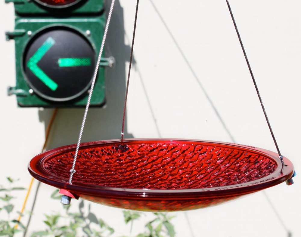 8" glass Bird Feeder red traffic light hanging birdfeeder bird bath eco friendly upcycled