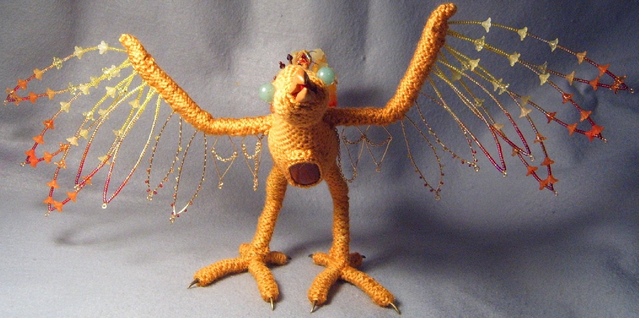 Pyrria, OoaK poseable crocheted and beaded pyre bird