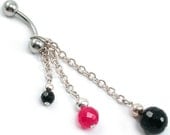 Belly Ring: Black Onyx, Ruby Red Jade, Sterling Silver, Dangle.  Artisan Jewelry by SilviaMaciasDesigns on Etsy