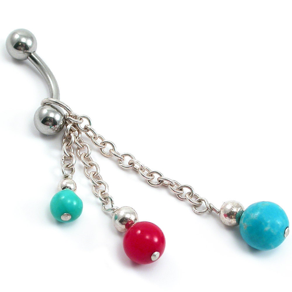 Belly Ring: Turquoise, Red Coral, Sterling Silver Beaded Dangle. Artisan Jewelry by SilviaMaciasDesigns on Etsy