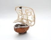 Thumbelina Walnut Sailboat - Vintage Doily, Walnut, Soldering