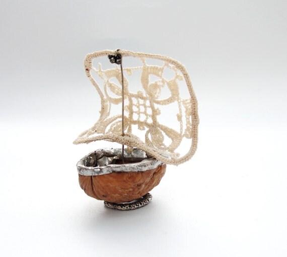 Thumbelina Walnut Sailboat - Vintage Doily, Walnut, Soldering
