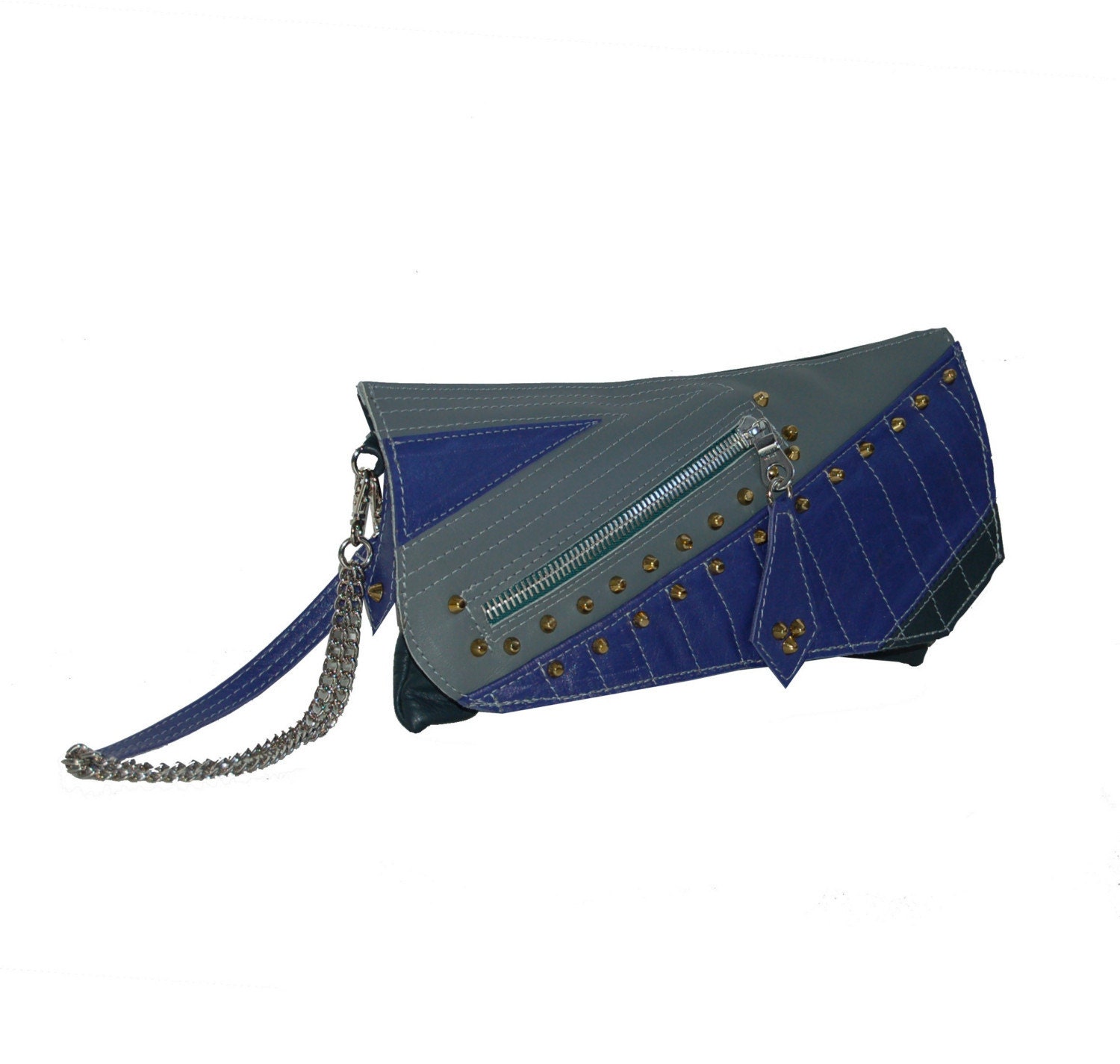 Studded grey and purple leather clutch bag, handmade.