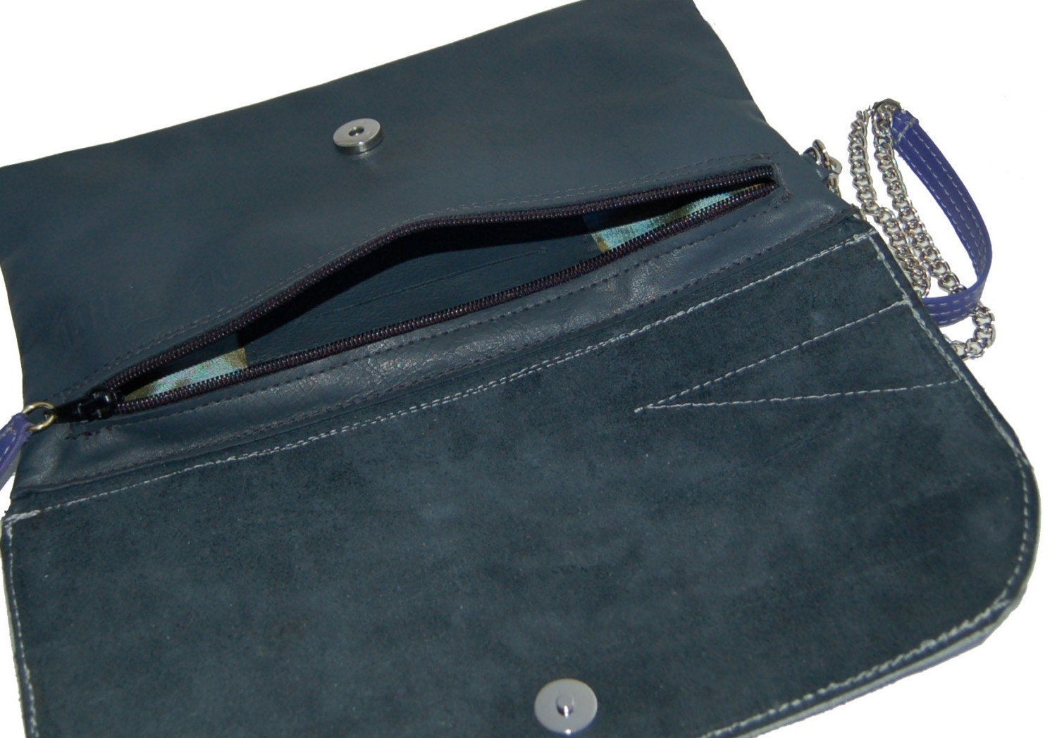 Studded grey and purple leather clutch bag, handmade.
