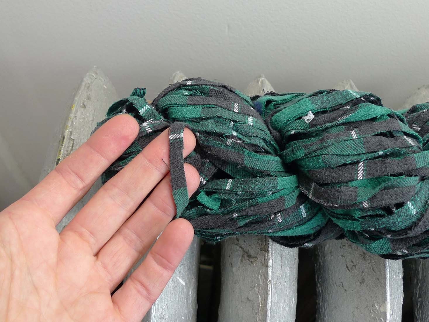 Bulky Recycled Flannel Yarn, Green Plaid