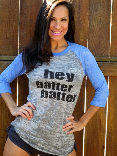 Hey Batter Batter. Burnout Baseball Tee- Sky Blue Sleeves, Unisex size SMALL