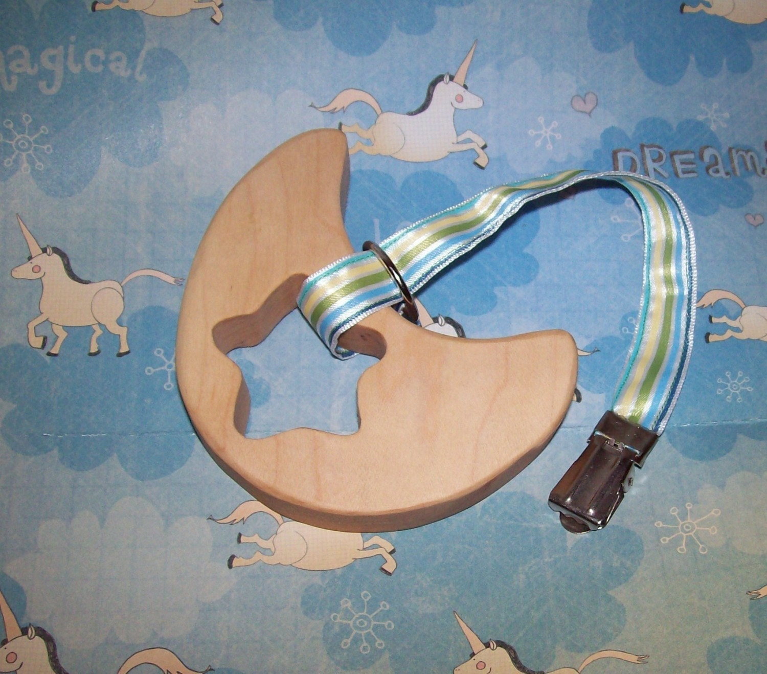 Waldorf Inspired Baby's Wooden Maple Teething Clutch Celestial Moon Star Toy