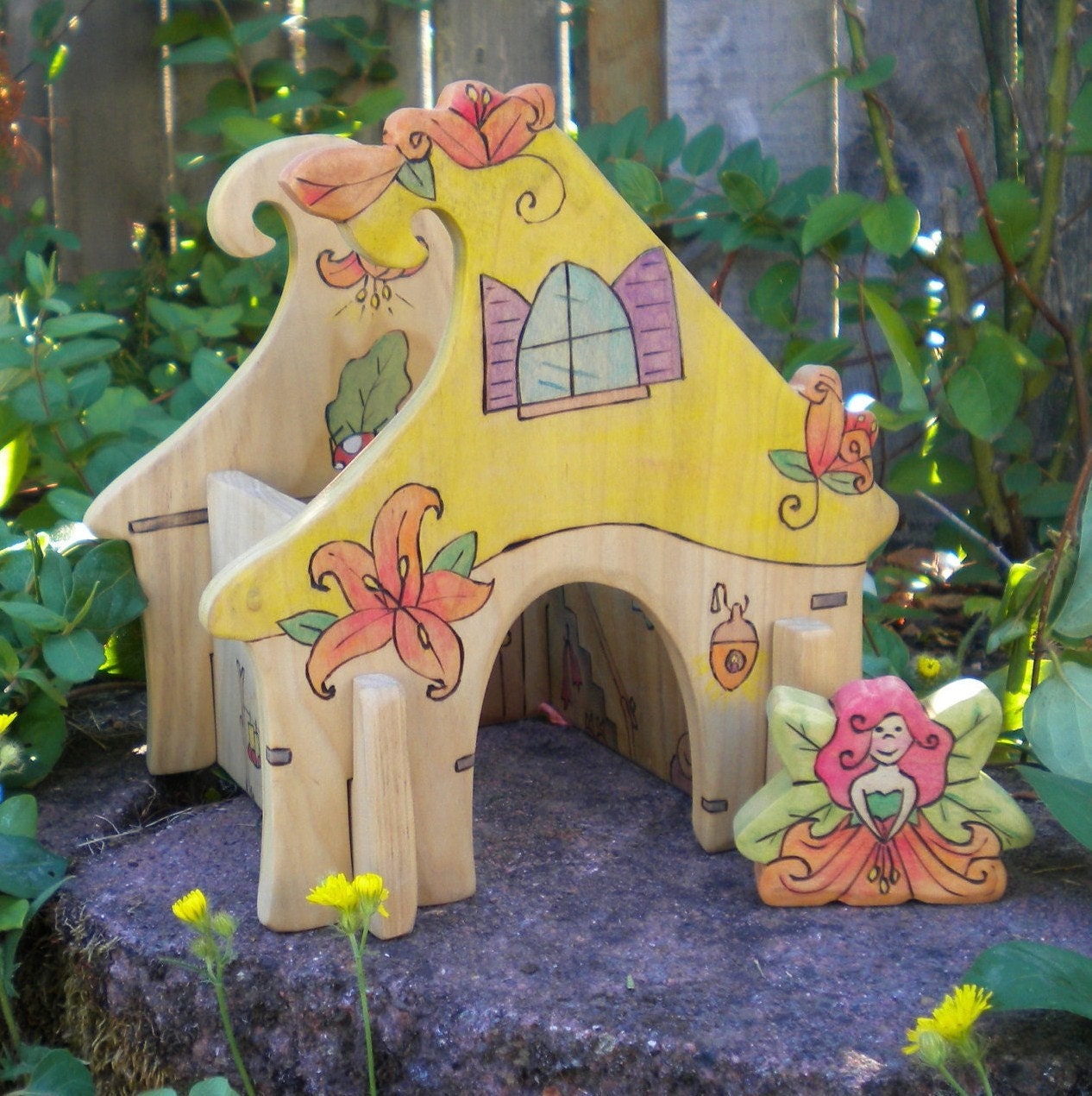 Waldorf Inspired Kids Wooden Flower Fairy Cottage (Interlocking 3-D) with Friend -  Morning Glory or Lily