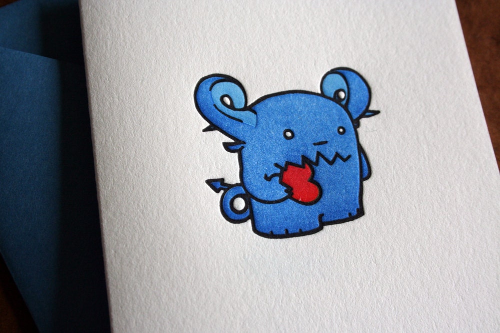 Letterpress Printed Little Blue Monster Card - single