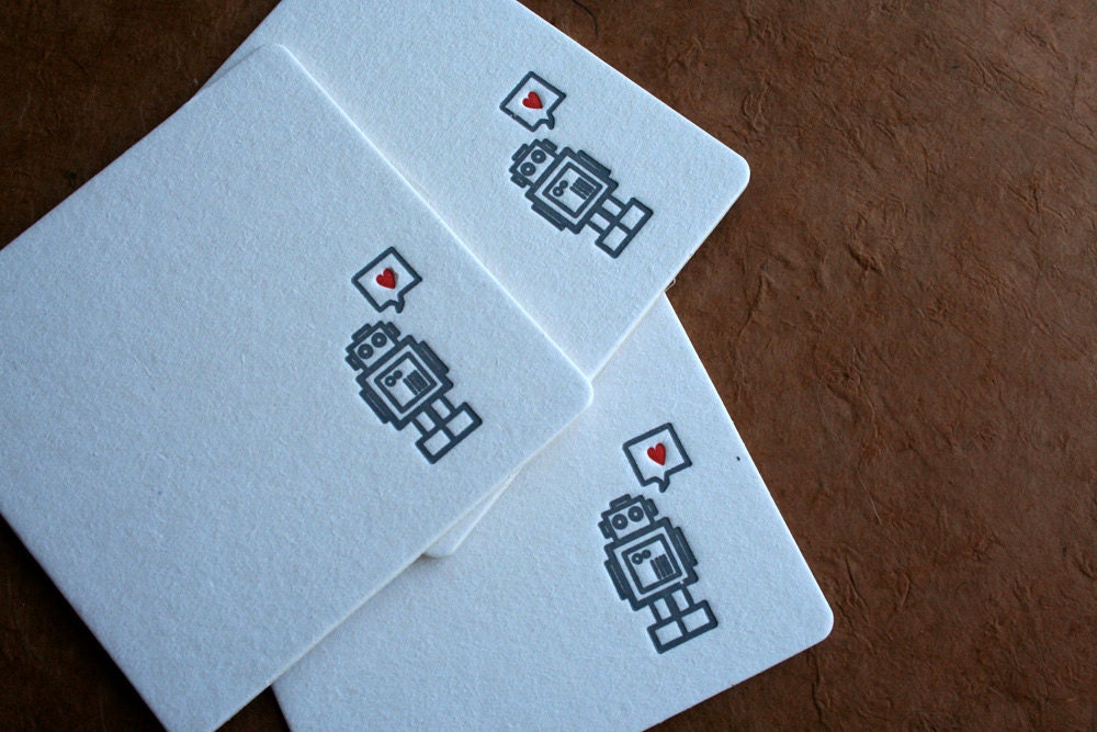 Set of 12 - Letterpress Printed Robot with Heart Coasters