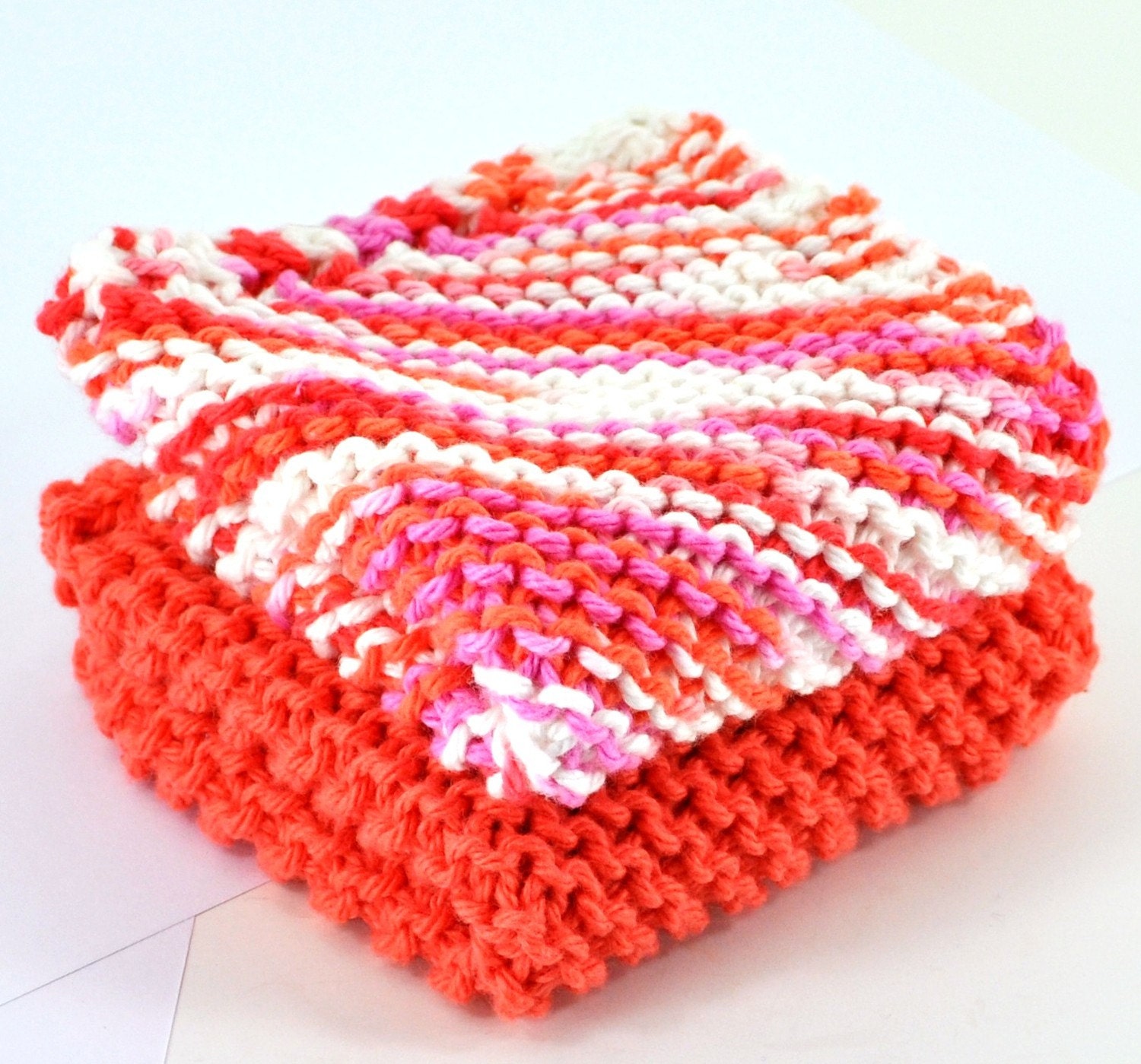 Cotton Cloth Set - Tangerine Tango - Hand Knit Wash Cloths and Dish Cloths - Fuschia White Orange