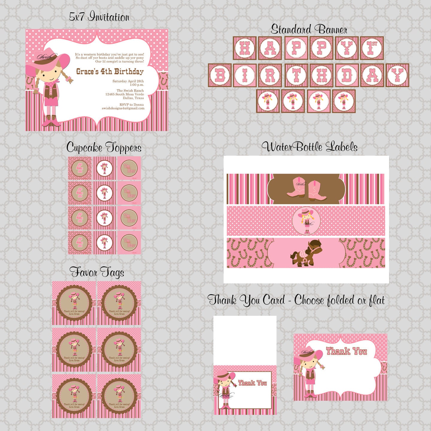 Cowgirl Birthday Party - Printable DIY  Includes custom 5x7 invite, favor tags, cupcake toppers, water bottle labels and more
