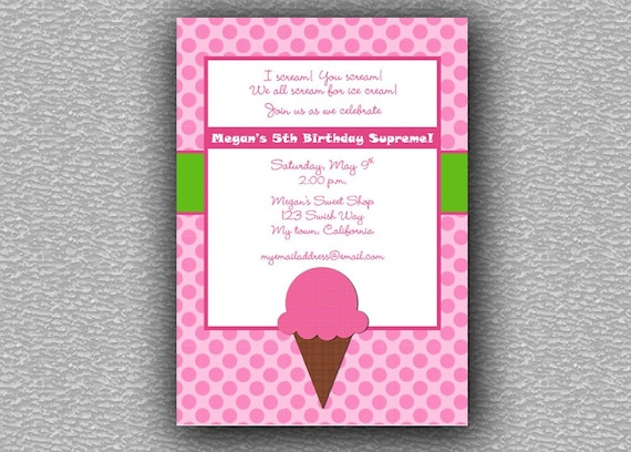 Ice Cream social - birthday invitation - shower invite 5x7 - printable diy digital invites -pink green Il_570xn