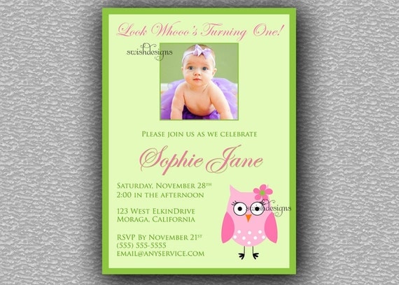 Owl Birthday Invitation - girl - printable invitations - first birthday invite - pink and green - printable diy digital invites 5x7 Il_570xn