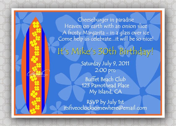 Surfboard Hawaiian Birthday Invitation - Cheeseburger in Paradise - Surfs Up - Printable Party Invitation - digital Il_570xn