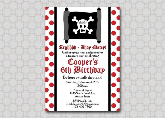 Pirate Birthday Invitation - Digital Printable Invite - red black white 5x7 Il_570xn