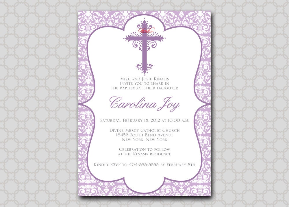 Baptism Invitation - 5x7 printable digital invite - boy girl damask cross Il_570xn