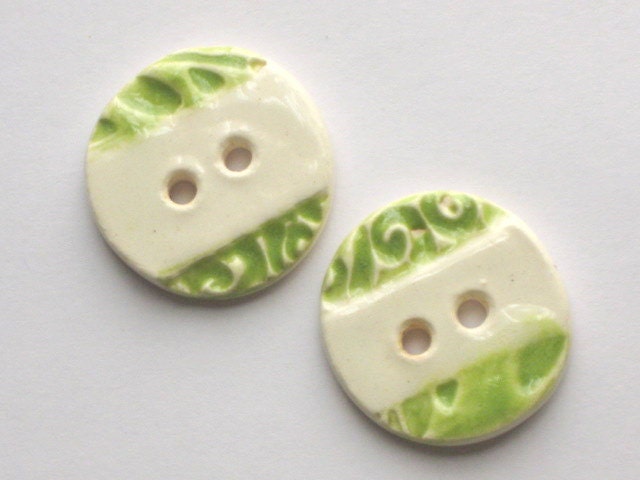 2 Handmade Earthenware Buttons in Chartreuse and White