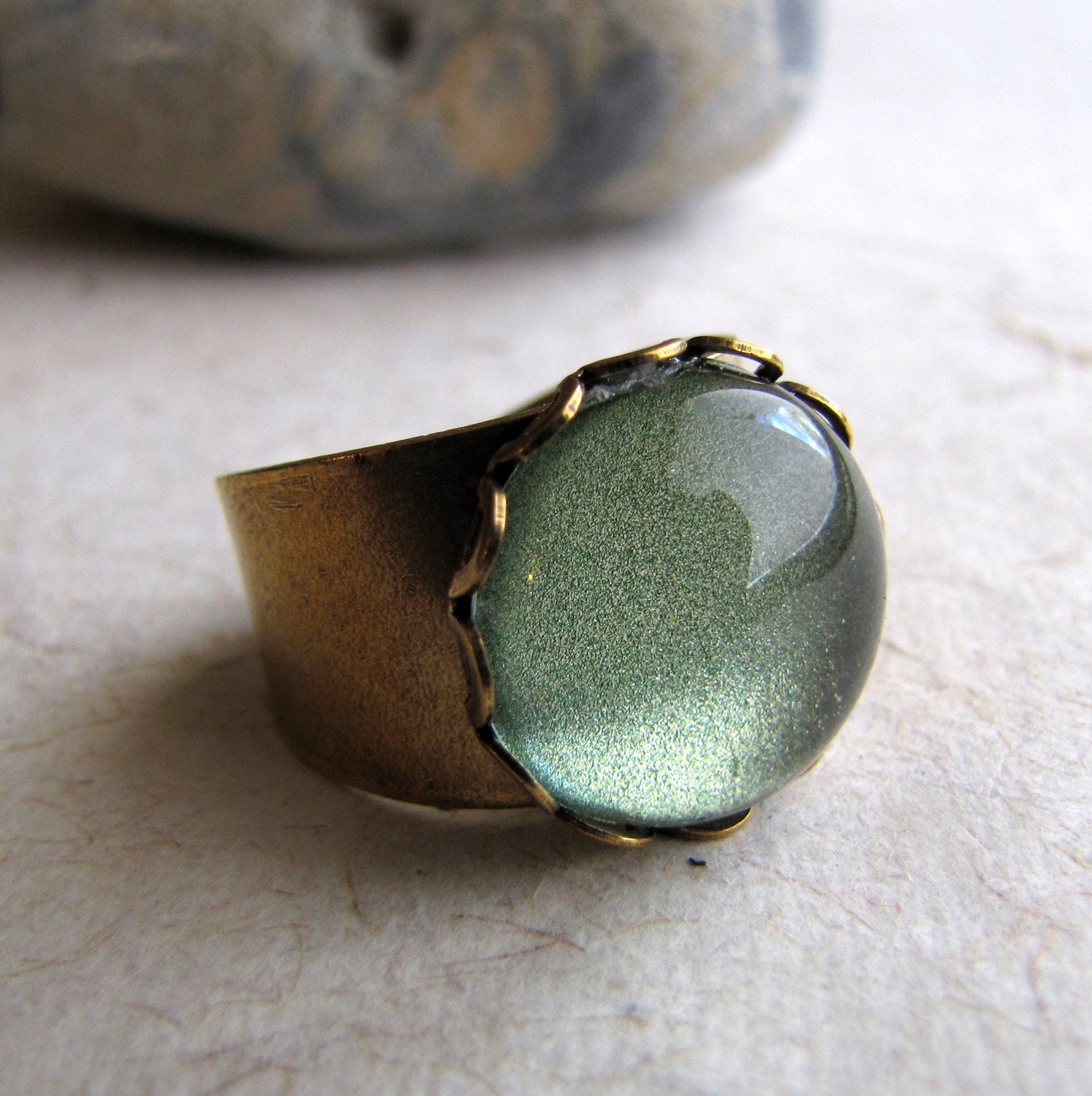 Zombie Green Ring Antiqued Brass Wide Band Ring