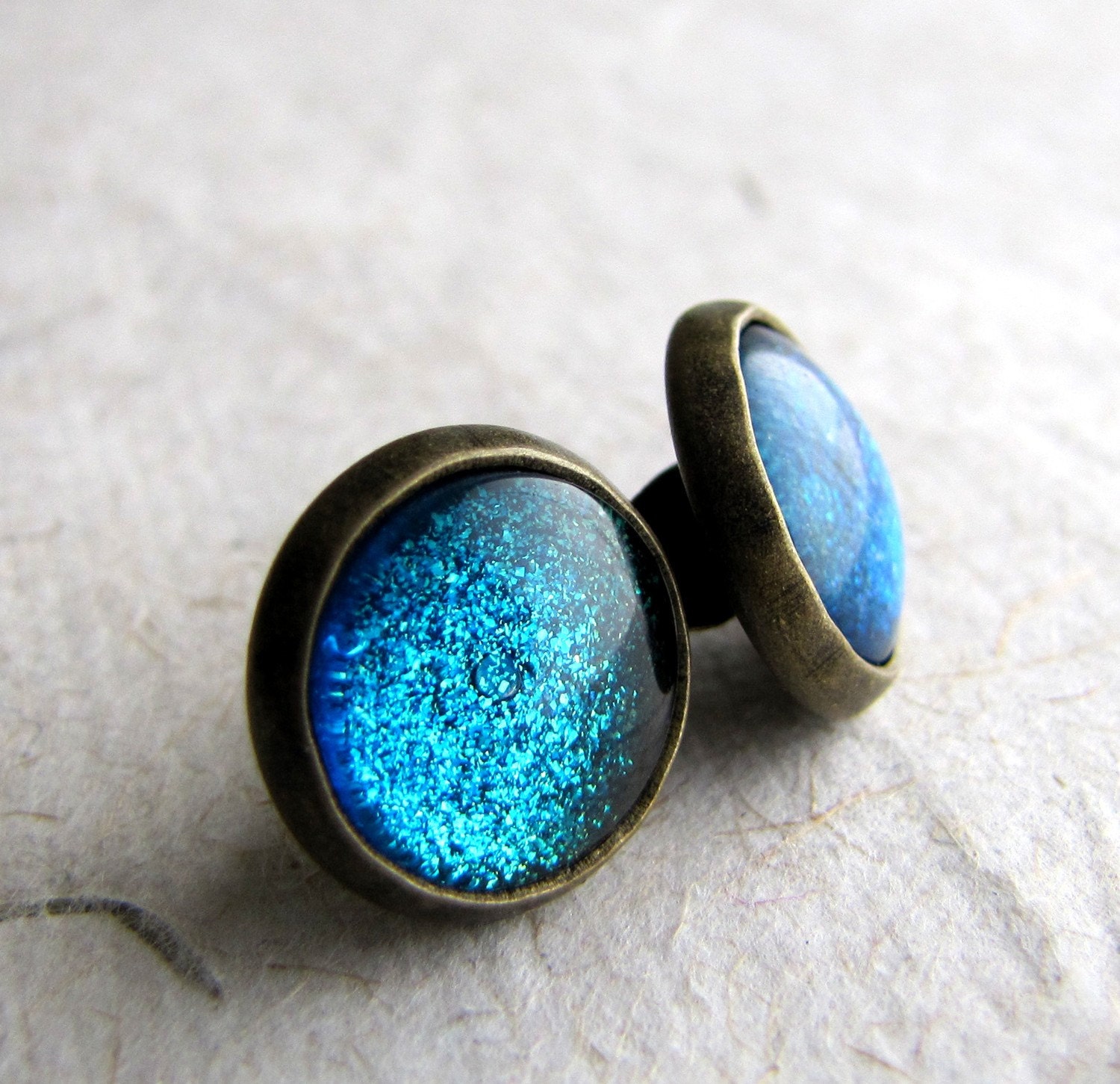 Blue Glitter Earrings - Turquoise Sparkle Post Earrings
