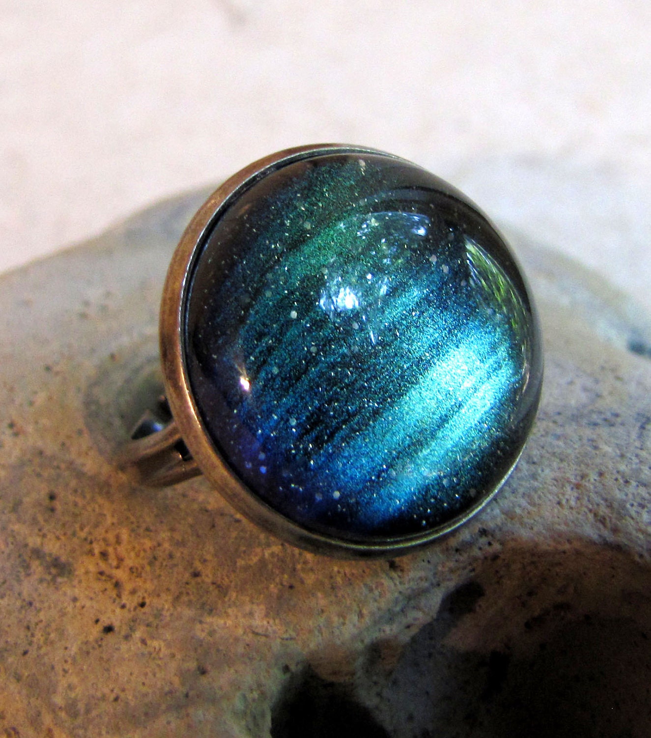 Northern Lights Ring - Blue Green Night Sky Ring in Antiqued Silver
