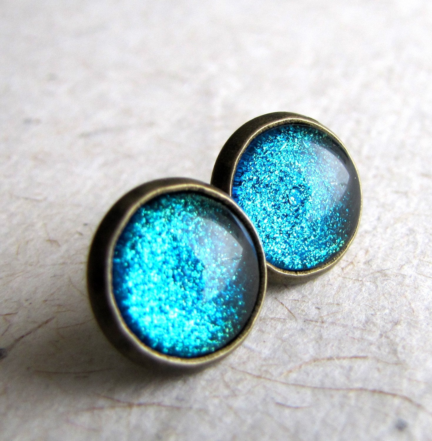 Blue Glitter Earrings - Turquoise Sparkle Post Earrings