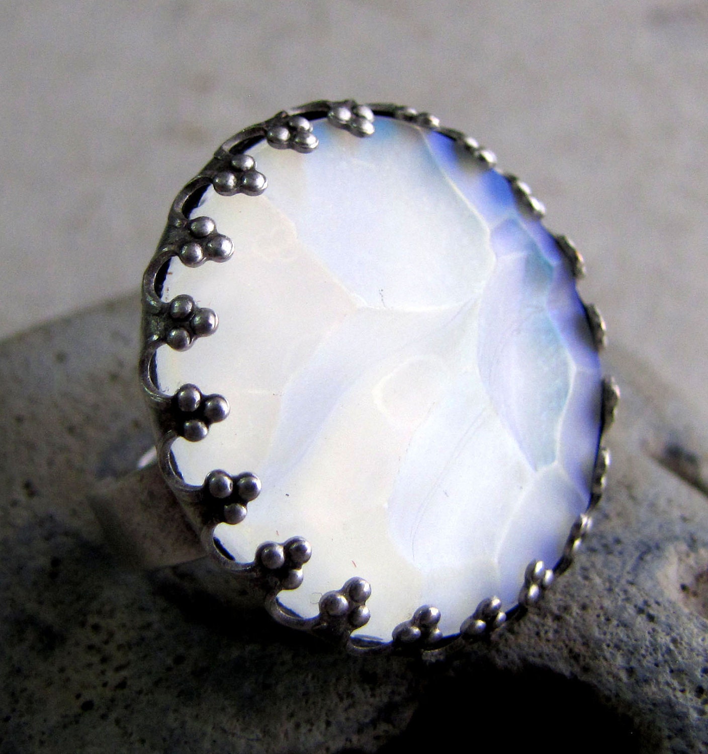 Big White Ring - Snow Drift - Frosty Glass in Antiqued Silver