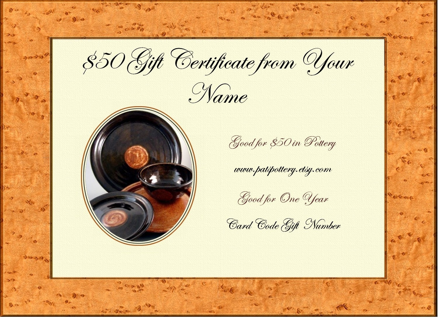 50 Dollar Gift Certificate of Pottery / Can be emailed today