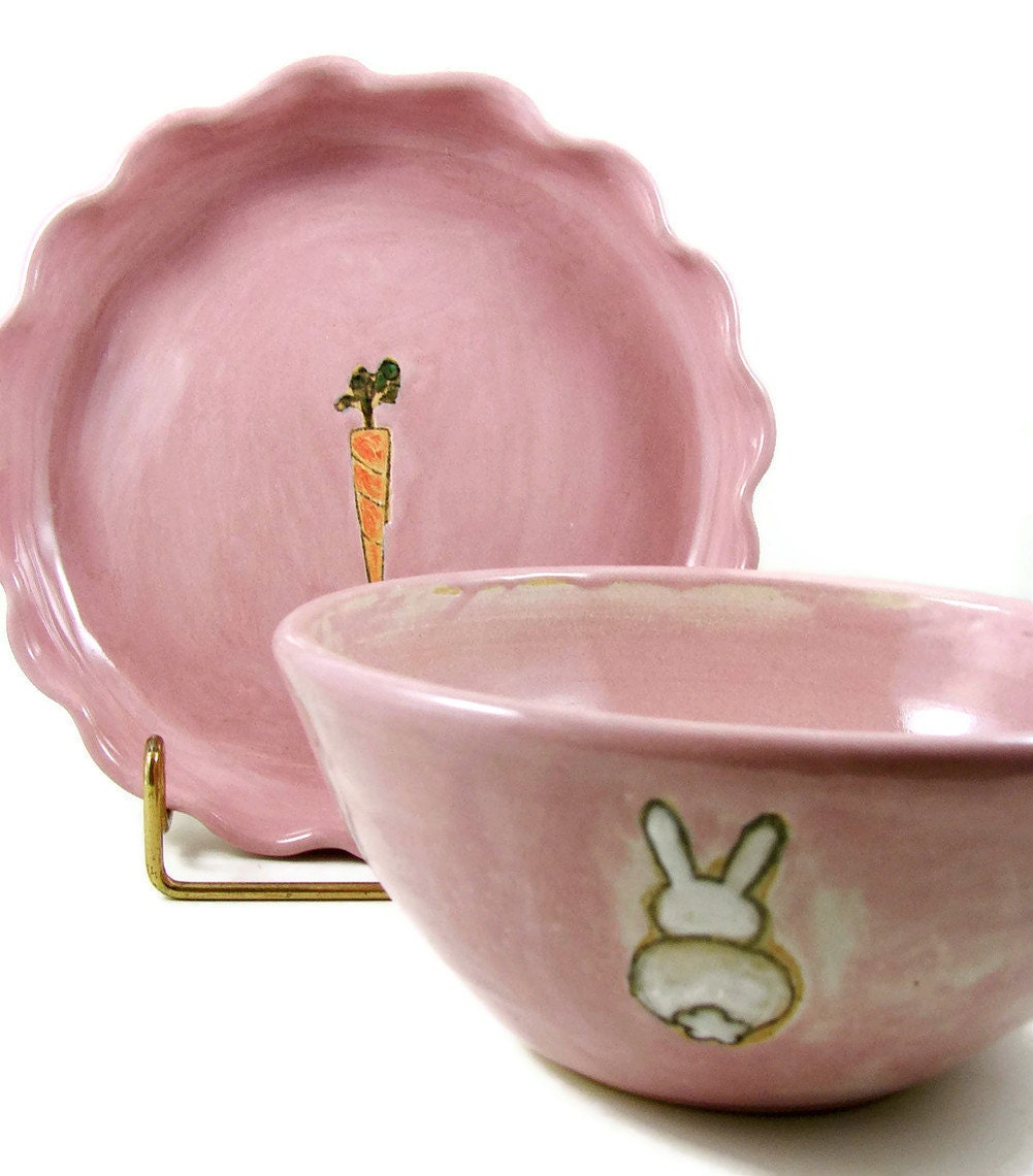 Custom Made Pottery - Baby's First Bowl and Plate Set - Personalized with Name - Baby Shower Gift - Bunny and Carrot - Handmade Ceramics