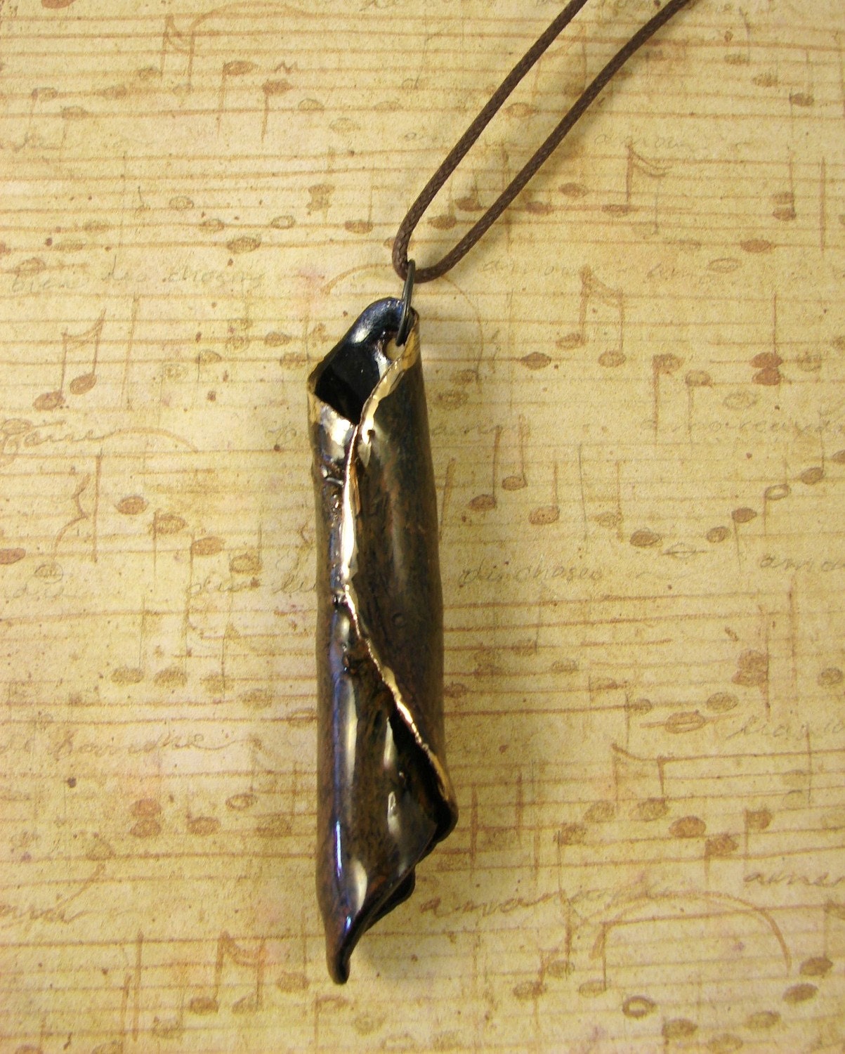 Ceramic Pendant w Gold / Handmade Necklace - Clay Stoneware Charm - Pottery Art Pendant - Ready to Ship