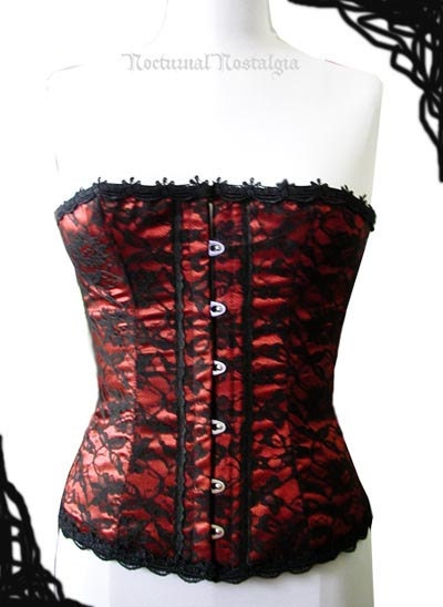 Steel Boned Victorian Red Satin Black Lace Gothic Corset Bridal custom Coutil Romantic