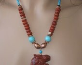 Rabbit Flame Jasper and Turquoise Necklace Free Shipping to US