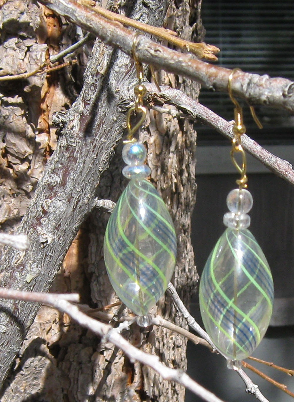 Blue and Green Swirled Blown Glass Orb Earrings Free US Shipping
