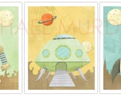 Cute yet awesome Robot, Rocket, and Alien ship 11x14 print - 3 pack.